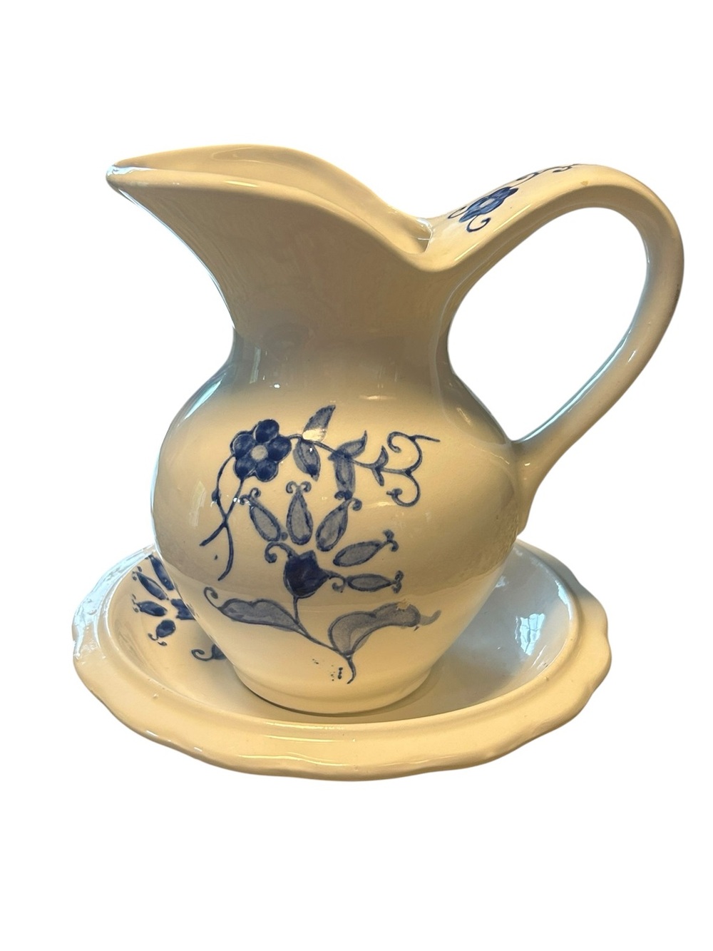 Vintage Folk Art Blue Floral Ceramic Pitcher and Basin - White and Blue Home Art